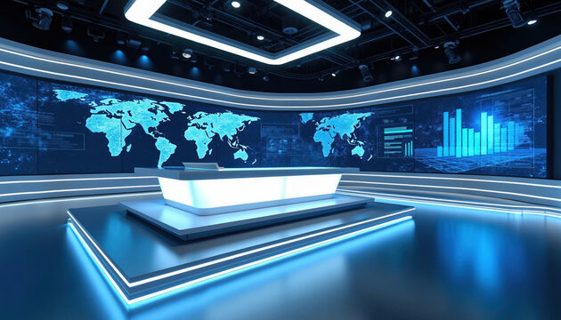Futuristic news studio with large screens displaying global map and data charts. Modern broadcasting set with glowing blue lights and a sleek desk, ready for reporting.
