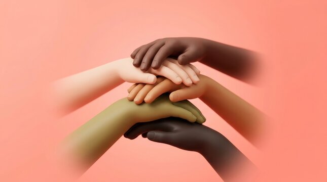 Diverse Hands Stacked Together: A close-up view of four hands with varying skin tones stacked on top of one another against a soft pink background, symbolizing unity and teamwork