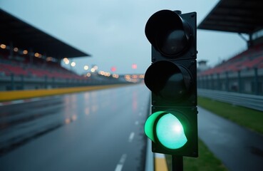 Naklejka premium Race track traffic light shows green signal. Ready for start signal at motorsport event. Wet asphalt reflects lights in evening twilight. Safety and speed concept.