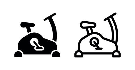 Obraz premium Stationary exercise bike icon in black fill and outline styles for home gym, fitness, and cardio workouts.