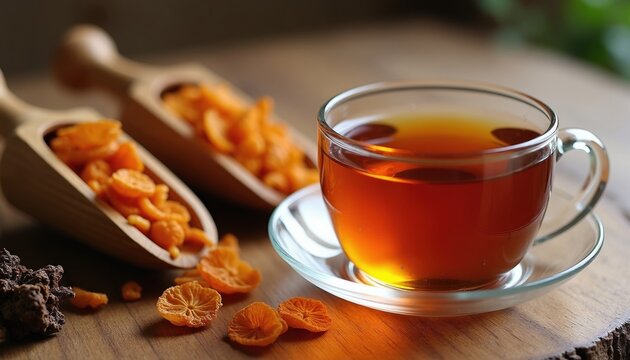 Clear cup holds amber herbal tea. Wooden scoops contain dried luo han guo fruit. Natural beverage for health and wellness. Healthy drink offers sweet relief.