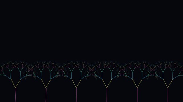 Abstract fractal tree animation, geometric growth pattern on black background, digital network visualization, minimalist motion