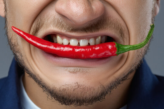 Boca de hombre mordiendo una guindilla roja