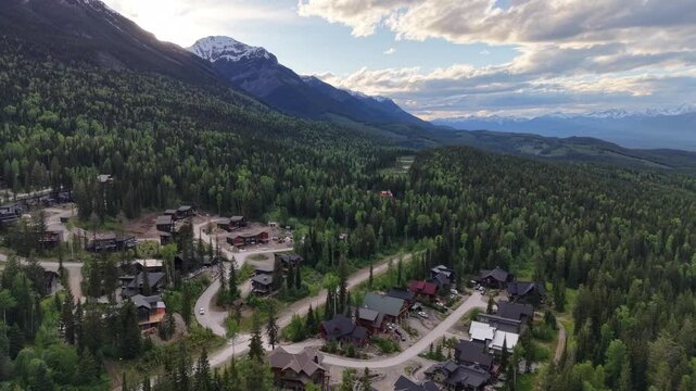 Aerial View of Kicking Horse Mountain Resort Village with Ski Runs and Alpine Terrain, Golden, BC