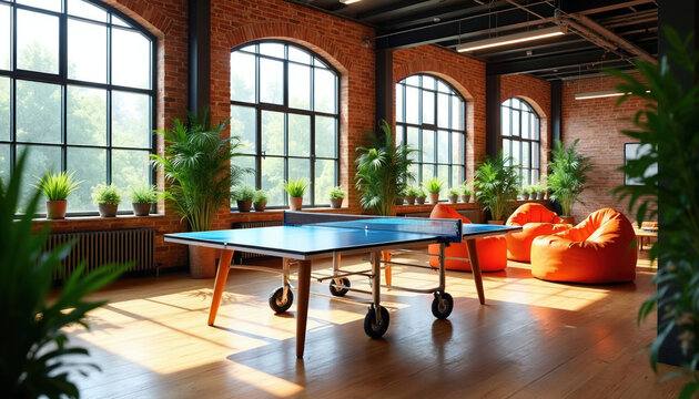 Modern office interior with ping pong table and orange beanbag chairs. Large arched windows offer natural light illuminating wooden floor. Plants add green touch to the creative workspace.