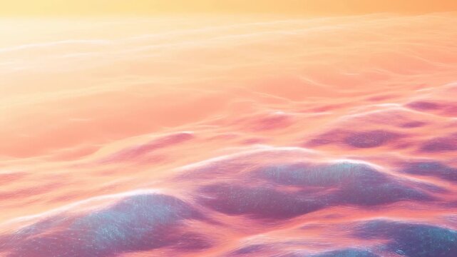 Sunset-lit painterly ocean surface with flowing waves calming into smooth luminous horizon, soft pastel reflections, serene layered texture, tranquil coastal mood, wide panoramic view