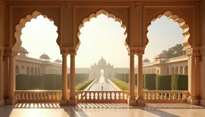 Obraz premium View from Indian palace balcony with arches. Symmetrical courtyard gardens with fountain, manicured bushes. Sunlit classical architecture, opulent dome structures, colonnades create majestic royal