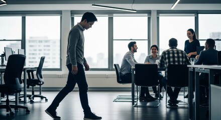 Obraz premium Isolated man walks away from laughing colleagues in a modern office, conveying loneliness and workplace stress.