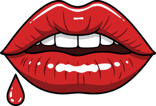 Sensual Red Lips with a Single Drop of Blood, Vampire Concept Illustration for Horror and Gothic Design