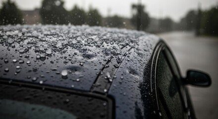 Hail damage on car roof with water droplets, illustrating nature's destructive force in a dramatic, low-angle shot.
