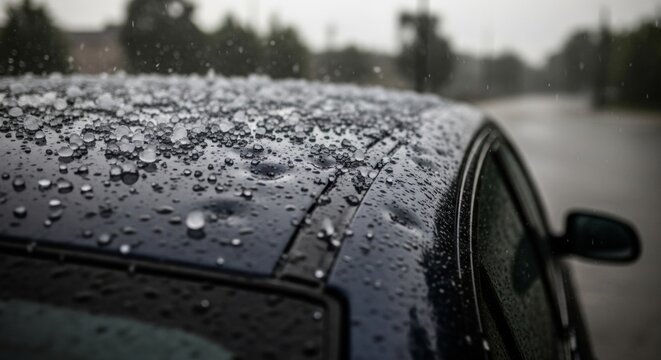 Hail damage on car roof with water droplets, illustrating nature's destructive force in a dramatic, low-angle shot.