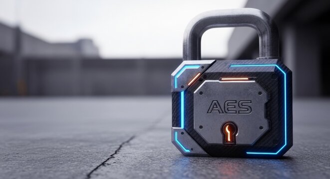 Futuristic AES padlock with blue and orange neon lights on a cracked concrete surface, symbolizing digital security and data encryption