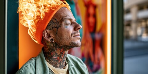 Obraz premium Young tattooed man with fiery beanie and closed eyes in urban setting