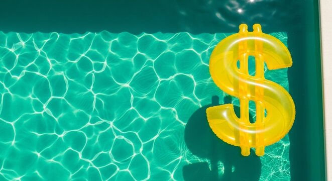 Yellow inflatable dollar sign floats in clear turquoise pool water with sunlight reflections, playful summer money concept