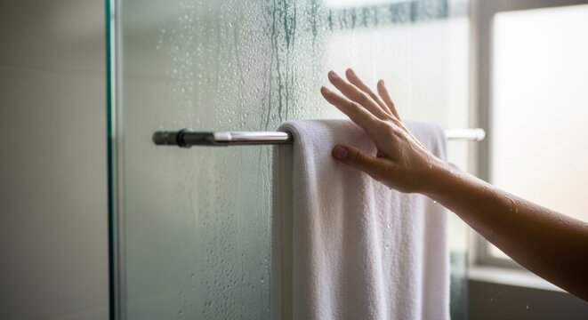 Hand reaching for soft white towel on silver rack in steamy glass shower enclosure with natural light