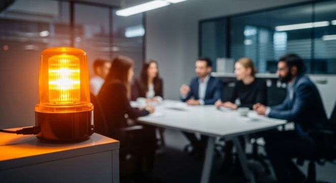 Emergency strobe light signals urgent crisis meeting with tense employees in modern office