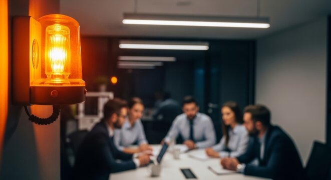 Emergency strobe light warns tense business team in urgent crisis meeting, conveying stress and high stakes in office.