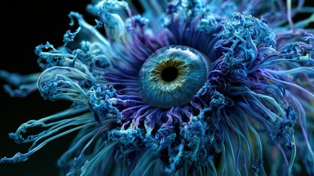 Surreal close-up of an iris within a blue anemone-like structure