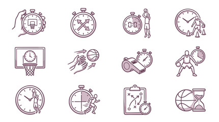 Fototapeta premium Basketball coaching and training icons with stopwatches.