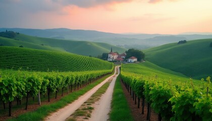 Fototapeta premium Dirt road leads to village through green vineyard hills. Rolling landscape under pastel sky. Rural scene with grapevines, agriculture, and distant mountains. Idyllic countryside travel path.