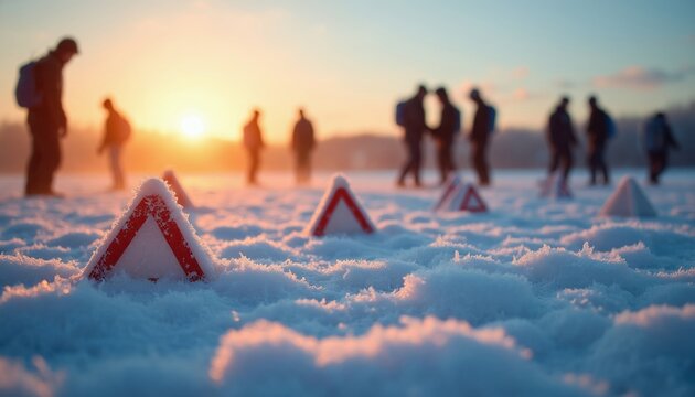 Group of people train in winter field at sunrise. Team exercise on snowy landscape with fog and warning markers. Outdoor winter sport activity in cold frosty environment.
