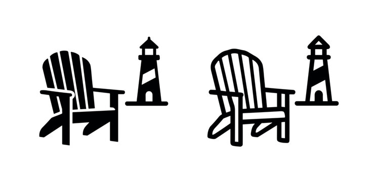 Adirondack chair and lighthouse icon representing coastal living and relaxation, in solid and outline versions.