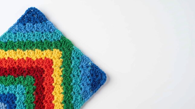 Colorful handmade crochet square blanket featuring vibrant rainbow yarn stripes on a clean white background surface