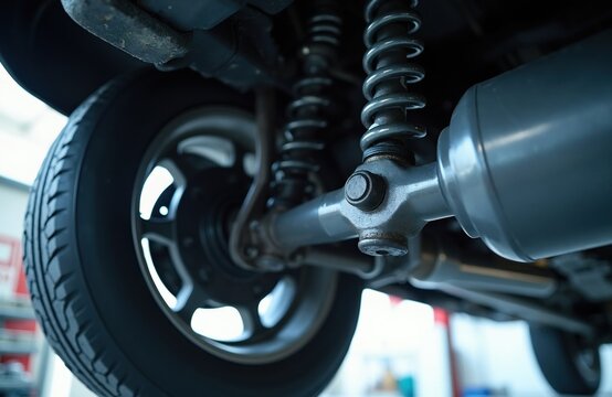 Close-up view of a car rear suspension system. Shows a coil spring and shock absorber attached to the axle. Tire and wheel are visible. No people present.
