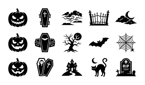 Halloween silhouette icon set, 15 spooky vector elements including jack o lanterns and coffins, black horror symbols for seasonal party decor