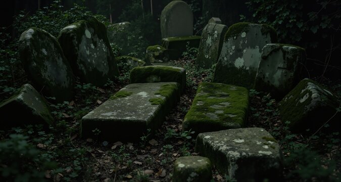 Ancient grave surrounded by overgrown moss and weathered stones, silent atmosphere, 8k, hyper realistic, real life based.
