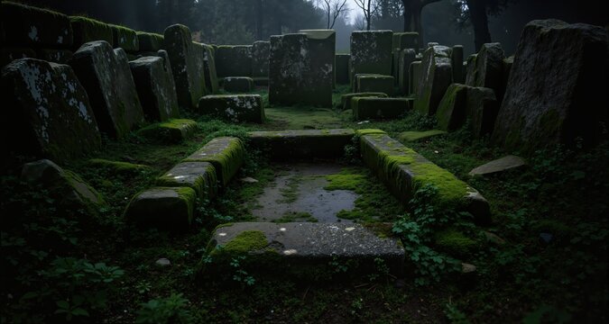 Ancient grave surrounded by overgrown moss and weathered stones, silent atmosphere, 8k, hyper realistic, real life based.
