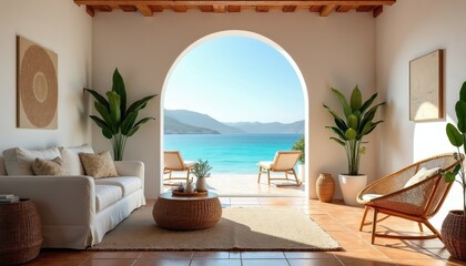 Obraz premium Comfortable living room with white sofa overlooks bright blue ocean. Interior features plants, rattan furniture, arched doorway to beach. Ideal for relaxation and vacation.