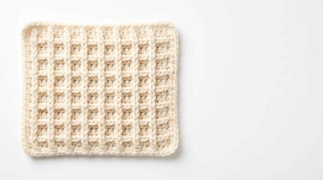 Cream colored square waffle stitch crochet pattern made of soft thick wool yarn on white background