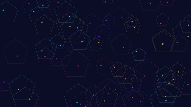 Abstract geometric pentagons background, digital tech motion glowing colorful lines and particles, modern science data visualization