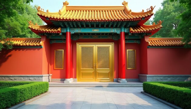 Grand red wall with ornate gold doors leads to ancient Chinese temple. Traditional yellow tiled roof with intricate details. Lush green trees frame the majestic structure.