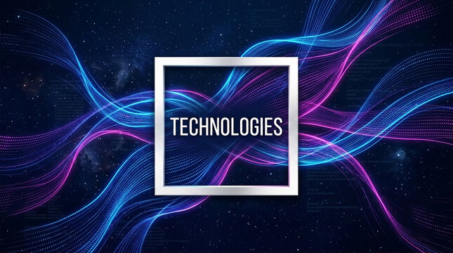 Abstract glowing blue and pink wave patterns on a starry cosmic background, with a frame showcasing the word "TECHNOLOGIES", representing innovation and digital art