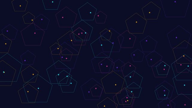 Abstract geometric pentagons motion background, with floating particles, and neon glow, lines