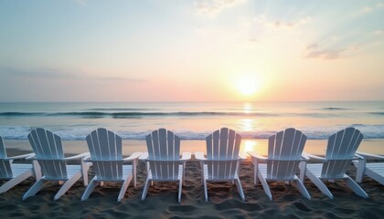 Naklejka premium White beach chairs sit on sand facing calm ocean waves at sunset. Soft pastel sky reflects on the water. Peaceful evening coastal scene invites quiet rest.