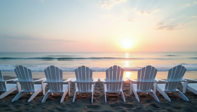 White beach chairs sit on sand facing calm ocean waves at sunset. Soft pastel sky reflects on the water. Peaceful evening coastal scene invites quiet rest.