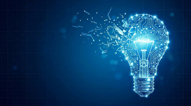 Abstract light bulb composed of circuit board lines and fragments, symbolizing innovation, technology, and creative ideas on a dark blue grid background