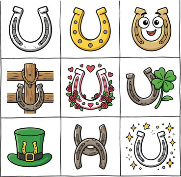 Cute St Patricks Day horseshoe vector doodle set with lucky four leaf clover leprechaun top hat sparkling gold stars romantic rose flowers illustration.