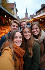 Naklejka premium Group of friends takes selfie at autumn market with pumpkins. People smile, enjoy fall season festival. They buy seasonal produce, experience local culture together. City street vendors offer goods.