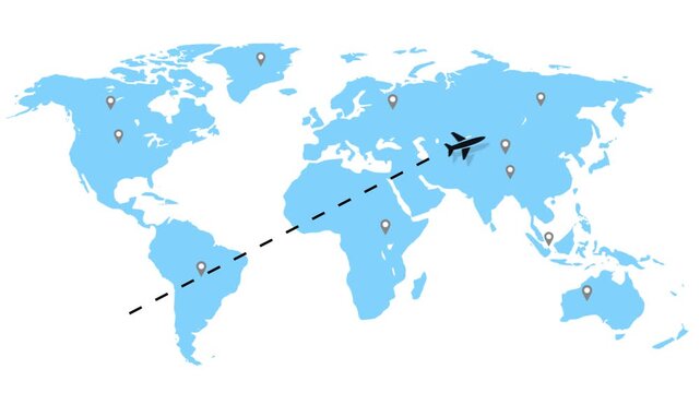 Minimal Airplane Flying Over World Map with Dashed Route and Location Pins Animation