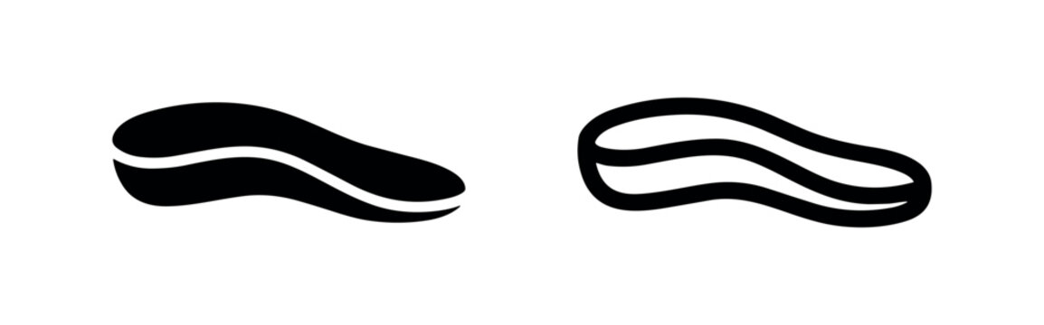 Foot arch support icon set, orthotic insert or comfort shoe accessory symbol, solid and outline vector