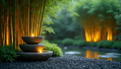 Obraz premium Tranquil garden scene with stacked stone bowls holding candles. Tall bamboo stalks glow with warm light near calm pond at night. Lush green plants and dark pebbles complete serene zen atmosphere.