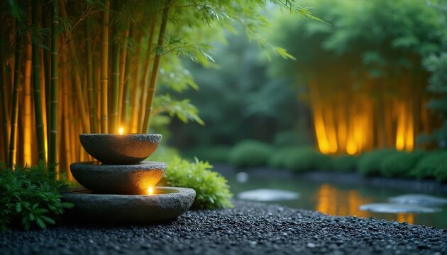 Tranquil garden scene with stacked stone bowls holding candles. Tall bamboo stalks glow with warm light near calm pond at night. Lush green plants and dark pebbles complete serene zen atmosphere.