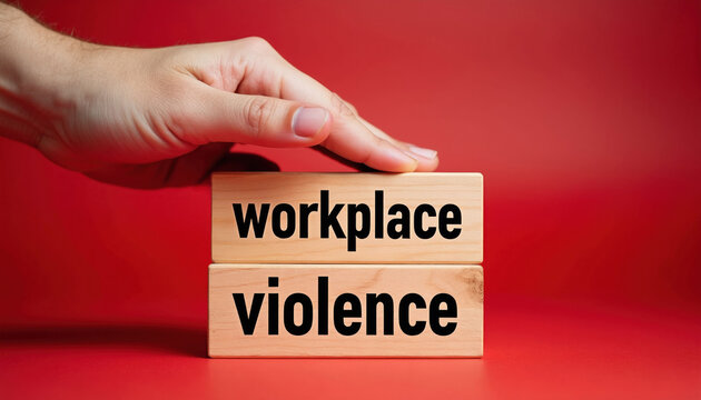 Hand covers wooden blocks with text workplace violence. Concept of security management and prevention of harassment in business settings. HR awareness and intervention.
