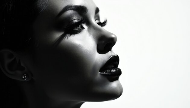 Close up profile of woman with dramatic black lipstick and eyeshadow. High fashion makeup art emphasizes striking facial features and perfect skin tone. Glamour and sensuality expressed.