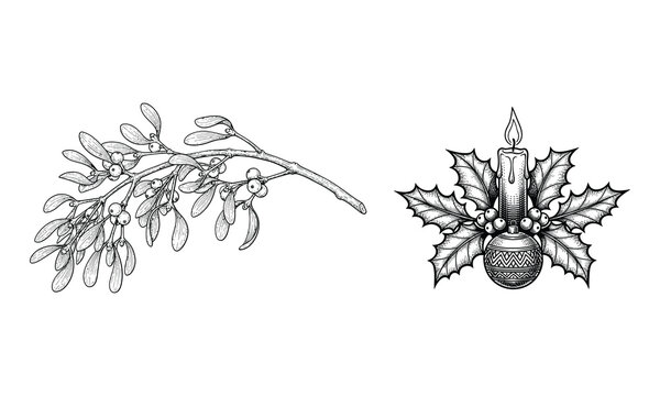 Vintage christmas illustrations of mistletoe and candle decoration