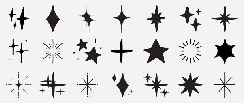 Vector set of various black star and sparkle shapes on a white background.